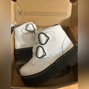Dr. Martens White Leather Kids Heart-Buckle Ankle Boots